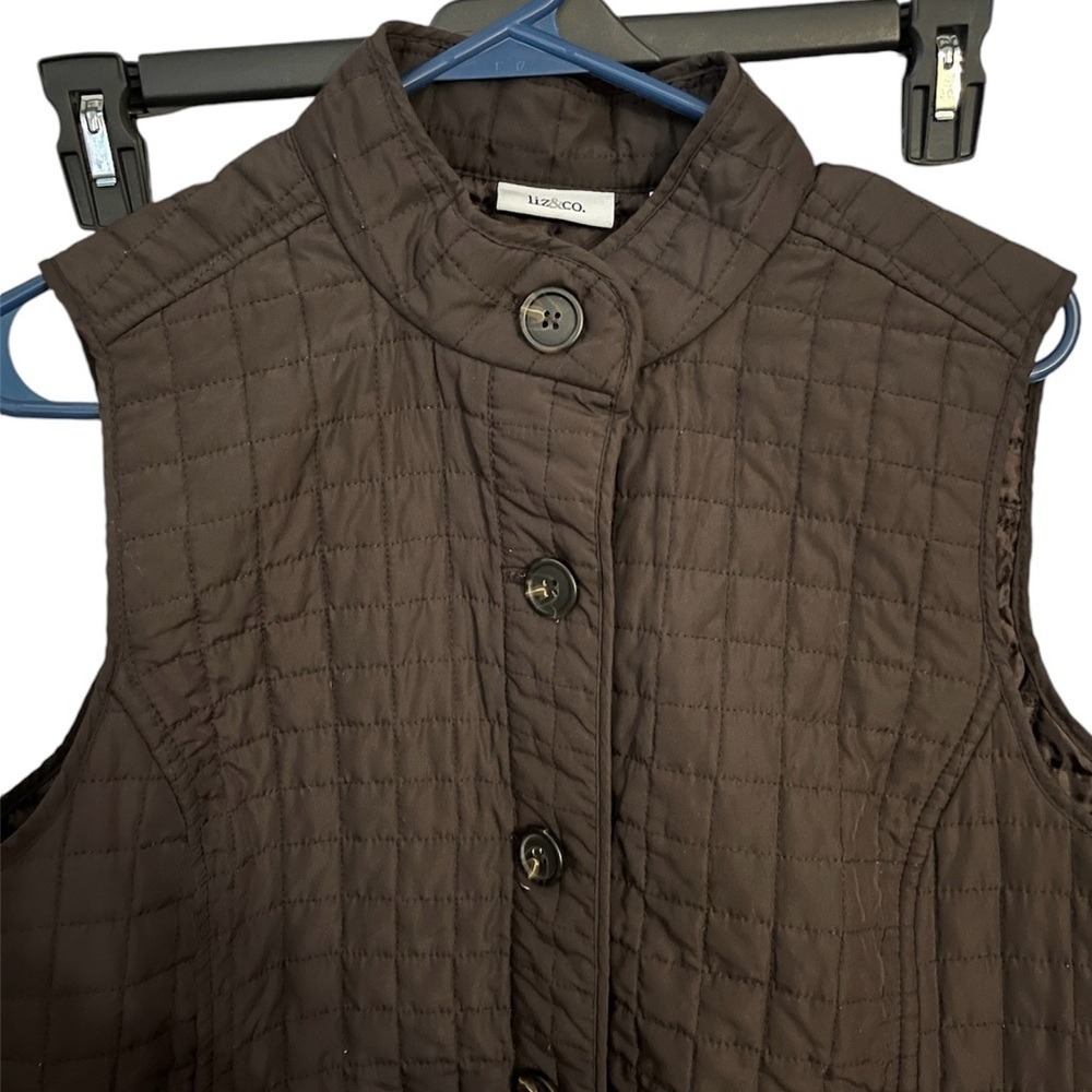 Liz & Co Brown Quilted Puffer Vest Snap Button Pockets Women's Medium - Picture 3 of 8